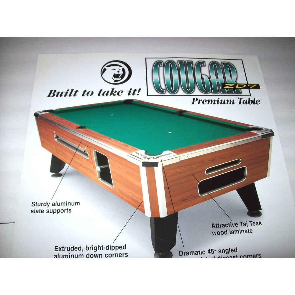 Valley Cougar Pool Table Wall POSTER 1998 Original Table Billiards Art 27" X 19"